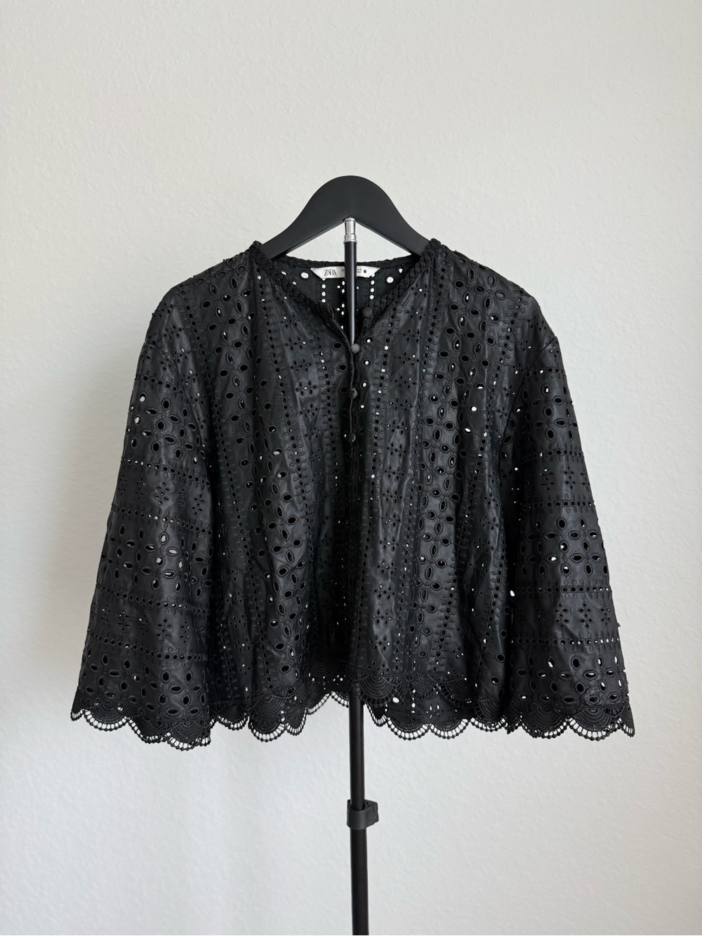 Zara Black Eyelet Crochet Button-Front Blouse